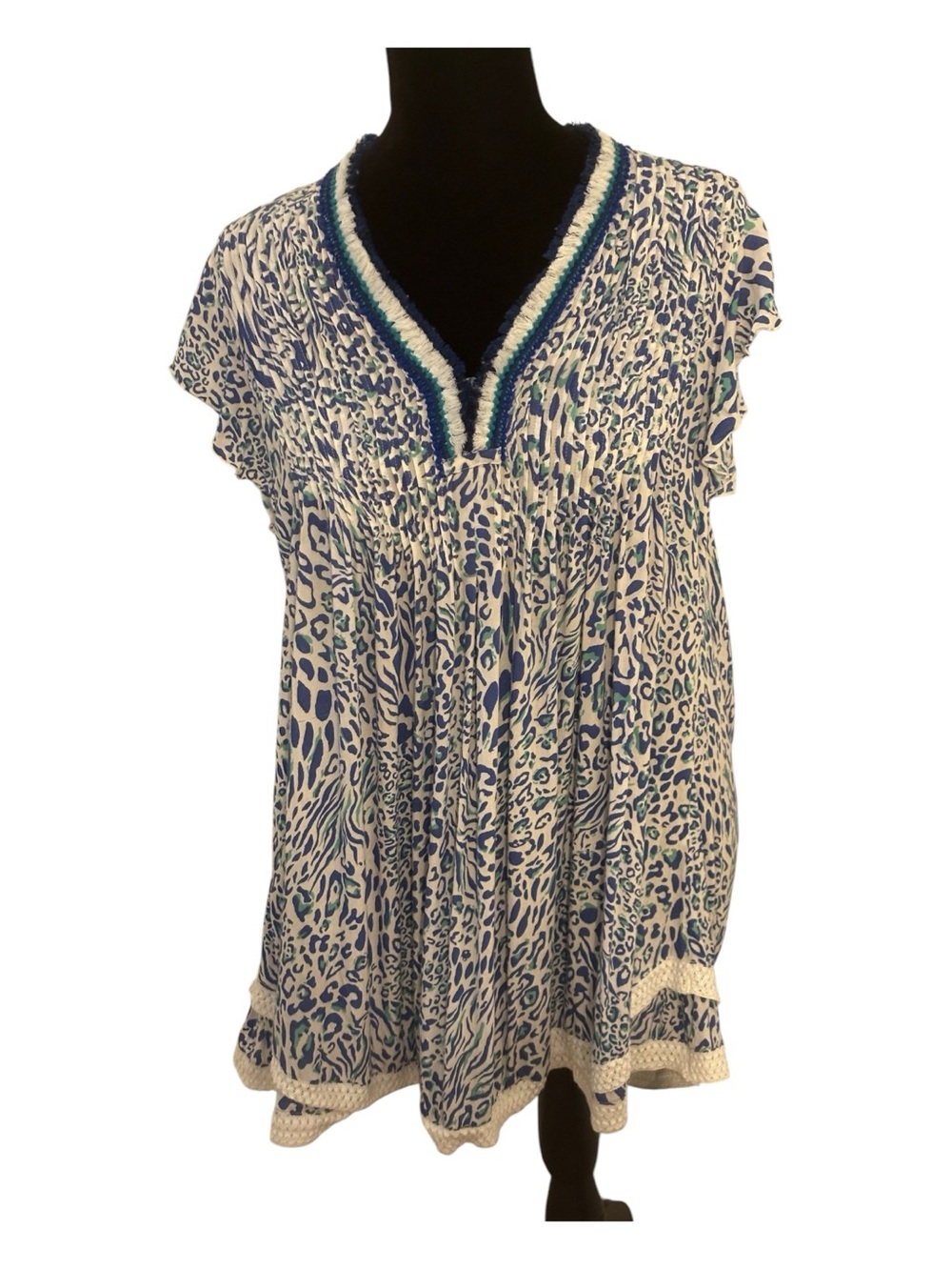 Poupette St. Barth Blue Printed Mini Dress with V-Neck Trim - Picture 2 of 4